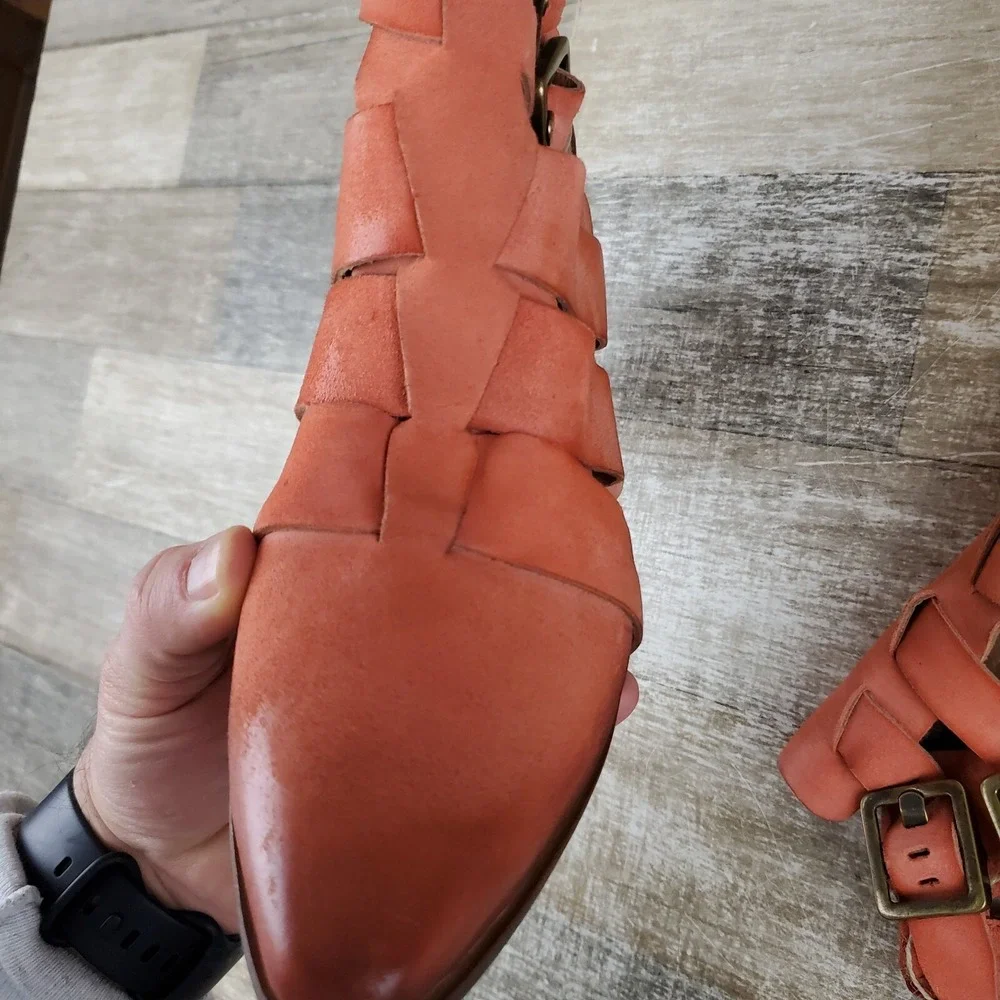 AS98‎ Evie Booties Orange Suede Strappy Cut Out Block Heel Sz 6.5 - 7 EU 37 NWOB